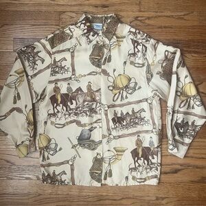 VTG Equestrian English Hunting Scene Victorian Print Women’s Silk Blouse Sz.6